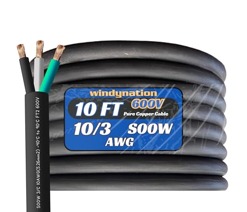 WindyNation 10 Feet 10/3 10 AWG SOOW SO Cable Cord Wire - 10 Gauge 3 Conductor 600V Portable Power Extension Cord Cable for EV Chargers, Motor Leads, Portable Lights, and Battery Chargers - size: 10 Feet