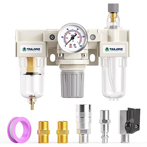 TAILONZ PNEUMATIC 1/4 Inch NPT Manual Drainage 3 in 1 Oil Air Pressure Regulator Filter AC2000-02（0-150PSI） with Lubricator Cup for Air Tools System - color: Manual/3 in 1, size: 1/4"NPT