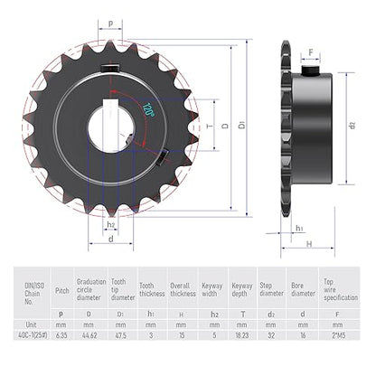 22 Tooth Roller Chain Sprocket, 25 Chain, 16mm Bore, Kw - size: 22T/16(5x2.3)mm keyway