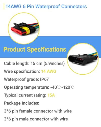 14AWG 6 Pin Waterproof Electrical Connector Quick Connect 3 Pack - size: 6 Pin