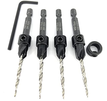 FTG USA #6 (9/64") Wood Countersink Drill Bit 4-Pc Set with 3/8" Depth Stop - size: #6, style: 4 Pc with Depth Stop