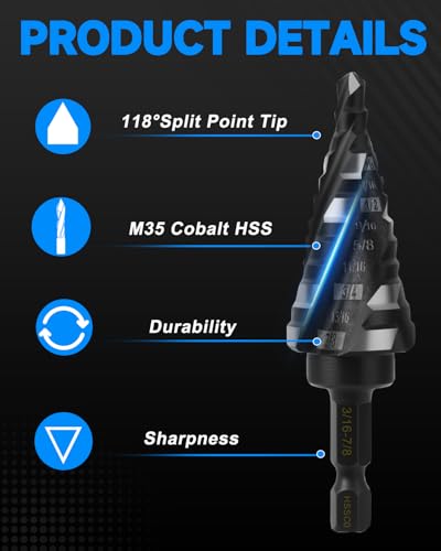 M35 Cobalt Step Drill Bit Set, 3-Piece 1/4" Hex Shank - size: 1/8"-7/8"（3PCS）