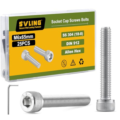 M6-1.0 x 65mm Bolt, 25PCS M6 Hex Socket Head Cap Screws Bolts, 304 Stainless Steel 18-8, Full Threads, Allen Socket Drive, with Hex Spanner - size: M6x65mm