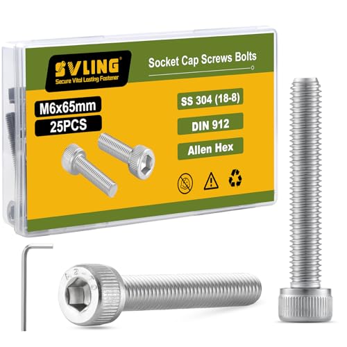 M6-1.0 x 65mm Bolt, 25PCS M6 Hex Socket Head Cap Screws Bolts, 304 Stainless Steel 18-8, Full Threads, Allen Socket Drive, with Hex Spanner - size: M6x65mm
