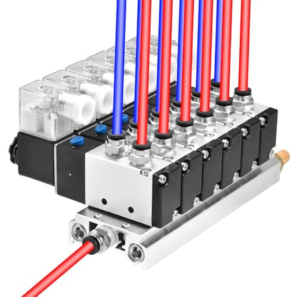 Heschen Electrical Pneumatic 6 Solenoid Valve, 4V210-08, DC24V Coil, PT1/4'' Port, 5 Way 2 Position, Manifold Base, Muffler, Quick Fittings Set - style: Electronic.