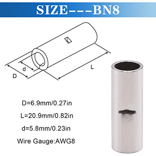 Tnisesm 20 Pcs 8 AWG Gauge Non Insulated Butt Connectors, Butt Splice Wire Connectors, Electrical Wire Seamless Uninsulated Butt Connectors Crimp Ferrule Terminals BN8 - size: 8 AWG