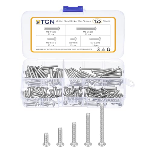 DTGN 125Pcs M3-0.5x8/12/16/20/25mm Button Head Socket Cap Screws-304 SS - size: M3-0.5x8/12/16/20/25mm