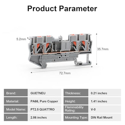12Pcs PT2.5 Quattro Terminal Blocks, 4 Conductors Rail Mounted - color: Grey, size: 12 Pcs
