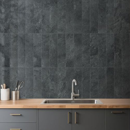 AULIGET 40-Piece Black Slate Peel and Stick Backsplash Wall Tiles, 3" x 12" PVC Faux Stone Stick on Tiles for Backsplash Kitchen, Bathroom, Laundry Room, Camper, Fireplace - color: Black Slate, size: 40 Pieces, 3"x12"x0.12"