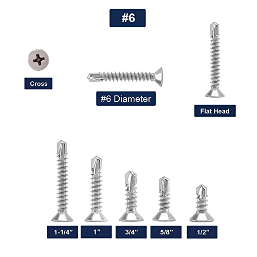 #6 x 1 Sheet Metal Screws 100Pcs 410 Stainless Steel Flat Head Fast Self Tapping Screws by SG TZH - size: #6 x 1"