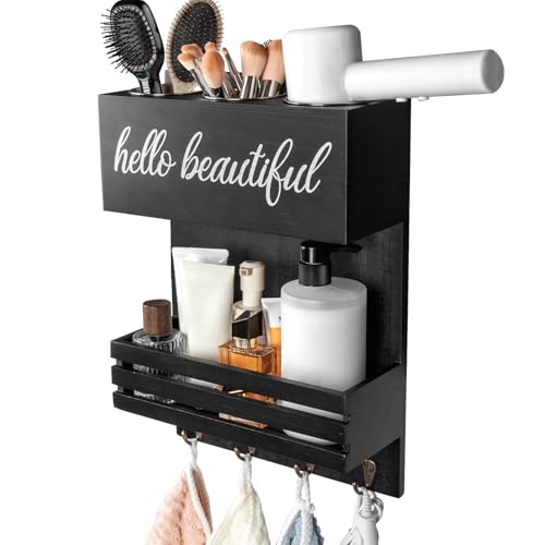 2Tier Black Wooden Hair Dryer Holder Wall-Mounted Organizer - color: black