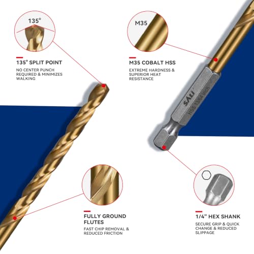 SALI Cobalt Drill Bit Set,10 Pack 13/64 Inch High Speed Steel Hex Shank Jobber Drill Bits, for Hardwood, Aluminum,Metal,Copper,Alloyed Steel - size: 13/64 in
