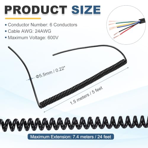 MECCANIXITY 5ft 24AWG Retractable Coiled Coil Cord 300V 105℃ 6 Conductor - size: 5ft x 24AWG, 6 Conductor