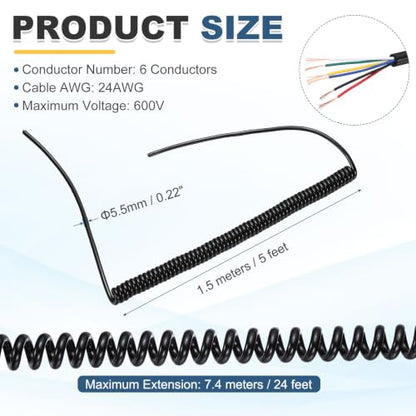 MECCANIXITY 5ft 24AWG Retractable Coiled Coil Cord 300V 105℃ 6 Conductor - size: 5ft x 24AWG, 6 Conductor