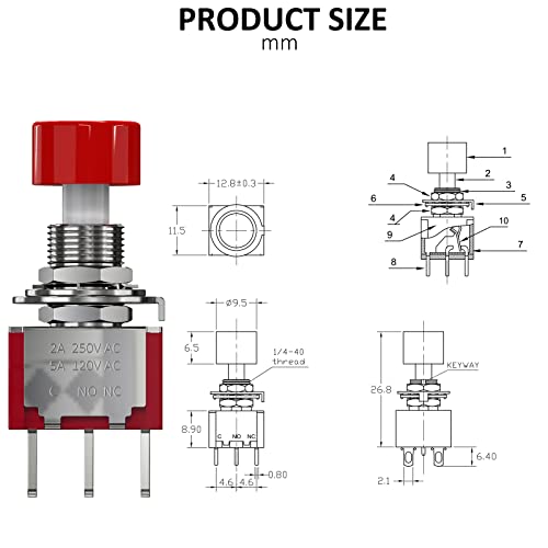 AC 2A/250V 5A/120V 6 Pin Momentary Push Button Switch NO NC with Red Cap 3Pcs - size: 6P