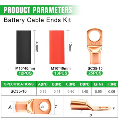 Twidec/25PCS AWG 2 Copper Wire Lugs Battery Cable Ends SC35-10,Ring Terminals Connectors,Copper Ring Terminals,Battery Terminals Connectors Kits with Heat Shrink - color: 25PCS