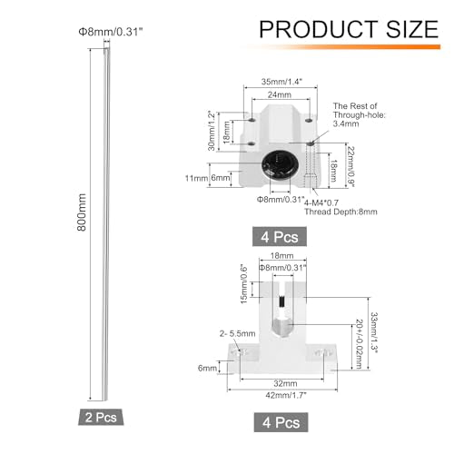 uxcell 2 Pcs 8mm x 800mm Linear Motion Rail Shaft Slide Guide with 4 Pcs SCS8UU Bearings and 4 Pcs SK8 Rail Support Linear Motion Rod Shaft Guide Set for CNC Machine 3D Printer, Silver - size: 800mm