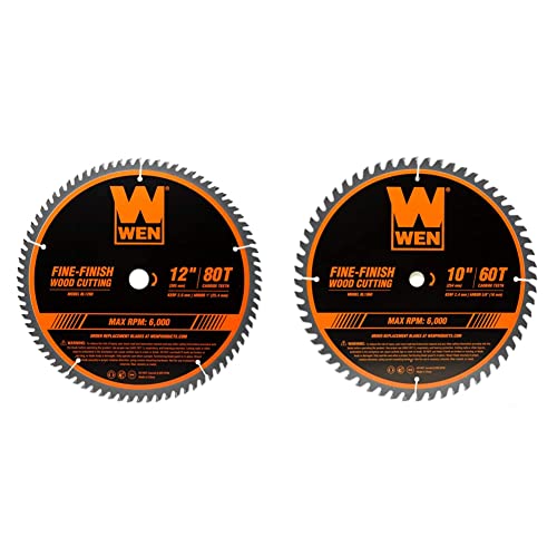 WEN BL1280 12-in 80-Tooth Fine-Finish Professional Woodworking Saw Blade & BL1060 10-in 60-Tooth Fine-Finish Professional Woodworking Saw Blade for Miter Saws and Table Saws