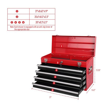 21-inch Portable Metal Tool Box with 4 Drawers, Steel Toolbox with Locking Lid, EVA-Lined Ball-Bearing Slides & Powder-Coated Finish, Top Tool Chest for Mechanic & Craftsman Use, Red + Black - color: Red + Black