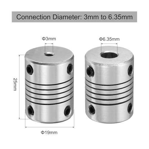 uxcell 5 Pcs Aluminum Alloy Shaft Coupling 3mm to 6.35mm, Flexible Coupling Motor Connector Joint, Stepper Motor Coupler for CNC Machine & 3D Printer (L25xD19)