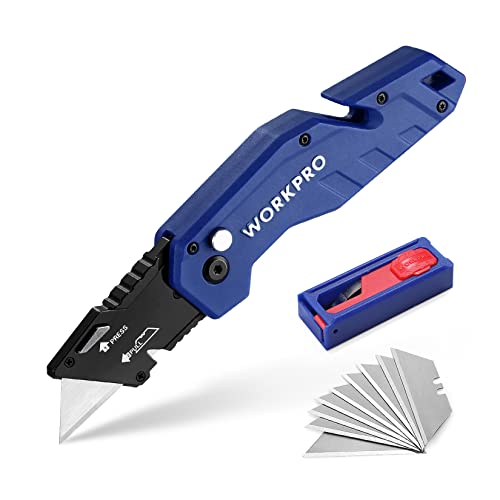 WORKPRO Folding Utility Knife with 10 Blades, Blue - color: Blue