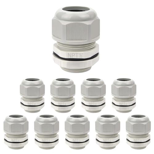 LeMotech 10 Pack NPT 1/2" Cable Glands Waterproof Adjustable 6-12mm Cable Connectors Grey Nylon Joints with Gaskets - color: Grey, size: 1/2inch 10-pack