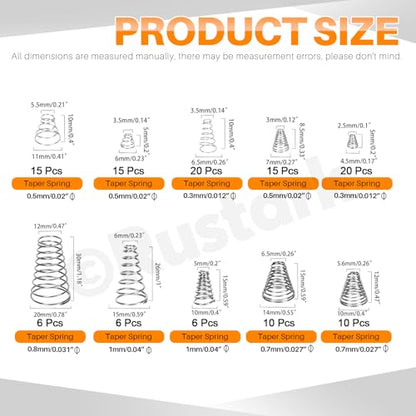 123Pcs 10 Sizes Stainless Steel Taper Spring Assortment Set Cone Compression Spring Tower Pressure Spring Conical Spring Small Compression Springs for Home Repair Industry - size: 10 assorted sizes