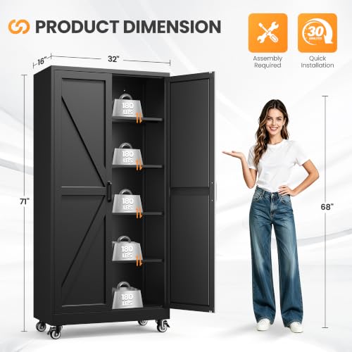 71" Tall Wheeled Garage Storage Cabinet, Rolling Metal Tool Cabinets. - color: Black, size: 71"H x 32"W x 16"D-Y