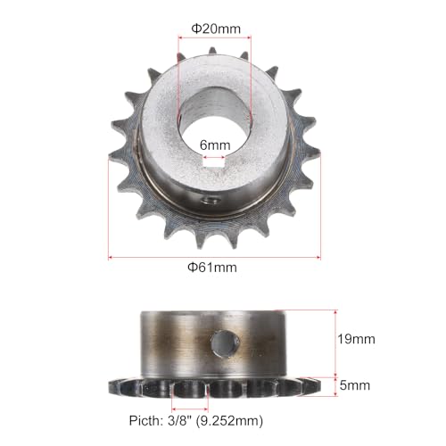 uxcell ISO/DIN 06B-1 Roller Chain Sprocket B Type 20mm Bore, 3/8" Pitch, A3-Steel Single Strand Roller Sprocket Hardened 19 Tooth