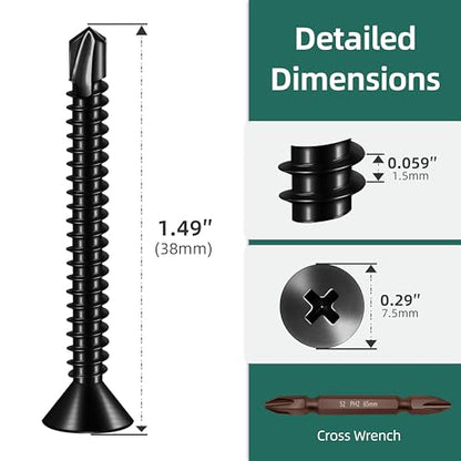 200pcs #8 x 1-1/2 Sheet Metal Self Tapping Screws Assortment Kit, 410 Stainless Steel Flat Head High-Strength Fast Self-Drilling Screws, Black Oxided - size: #8x1-1/2"