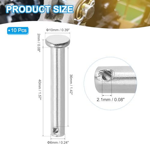 PATIKIL 6 x 40 mm Single Hole Clevis Pins, 10 Pcs 304 Stainless Steel Flat Head Pin for Hitch Pin Lock Link Hinge Systems, Silver - size: 6 x 40 x 36 mm