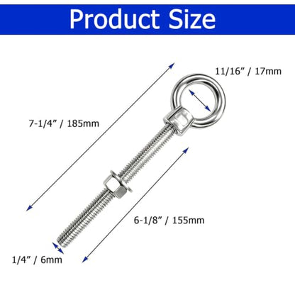 1/4" x 6" Eye Bolts with Washers＆Nuts (5 Pack) - size: 1/4" x 6"