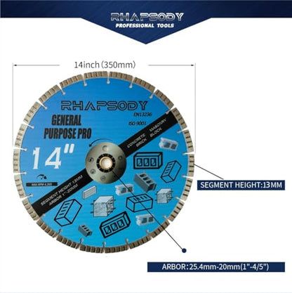 RHAPSODY 14 Inch Diamond Concrete Saw Blade 2pcs, Turbo Segmented Blade - color: Turbo Blade, size: 14Inch