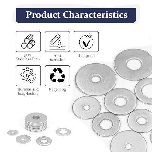 ZQZ 290Pcs Stainless Steel Flat Washers Assortment Kit;Fender Washer M3-M12 - size: 15 Sizes 290 Pieces