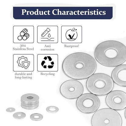 ZQZ 108Pcs Stainless Steel Flat Washers Assortment Kit;Fender Washer M3-M12 - size: 12 Sizes 108 Pieces