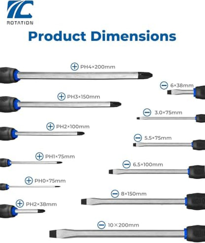 ROTATION 12pc Magnetic Screwdriver Set, with Go-Thru Steel Blades - color: Black