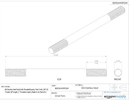 Small Parts-40580 303 Stainless Steel Stud, Ends Threaded Equally, Plain Finish, 3/8"-16 Threads, 6" Length, 1.25" Threaded Lengths, Made in US (Pack of 2)