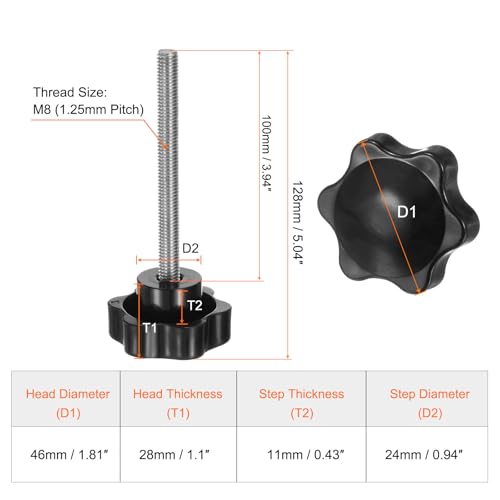 HARFINGTON 2pcs Star Knobs M8 x 100mm 304 Stainless Steel Threaded Stud 46mm Plastic 6-Star Head Hand Tightening Thumb Screw Clamping Jig Knob Handle, Black - size: M8 x 100mm x 46mm