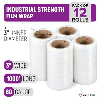 3" x 1000' Industrial Strength Stretch Wrap, Ready to Use Pack of 12 Mini Rolls, Clear Plastic Film, 80 Gauge Thick, 500% Elongation – Heavy-Duty Shrink Wrap for Moving, Packing - color: 3" Wide, size: Pack of 12