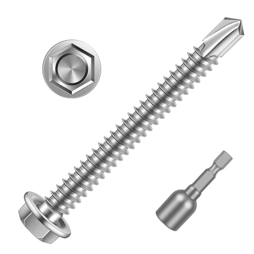 #10 x 3 Hex Washer Head Self Drilling Sheet Metal Screws with Drill Point, 410 Stainless Steel Self Tapping Screws for Metal, 50 PCS - color: Silver, size: #10 x 3"