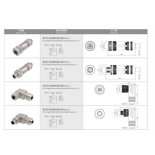 M12 2-pin Male Connector, Screw, A-Coded, Power 250V 4A, Waterproof, Shielded, Metal Circular, 12mm Locking Thread for Industrial Automation PROFINET EtherCAT Profibus IO Link, 2pcs - color: 2x Male, size: 2-pin