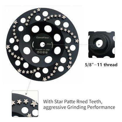 Diamond Grinding Cup Wheel for Concrete & Masonry, 48 Aggressive Star Segments, 7 Inch 5/8"-11 Thread, 30 Grit - style: 7"