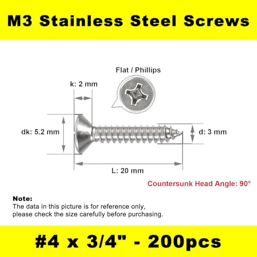 #4 x 3/4" (M3x20mm) 304 Stainless Steel Flat Head Wood Screws, 200pcs - size: #4 x 3/4''-200pcs