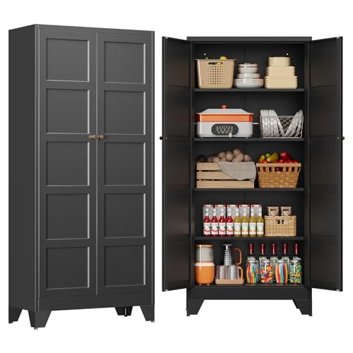 71" Tall Kitchen Cabinet Storage Unit With 2 Doors and 4 Adjustable Shelves, Metal Black Freestanding Cupboard, 5 Tier Kitchen Pantry Storage Cabinet for Kitchen Dining/Living Room/Garage/Home/Office - color: Black, size: 71"H x 32"W x 16"D-B