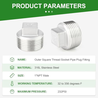 TAISHER 10Pcs 316 SS Cast Square Head 1"NPT Male Socket Pipe Plug - size: 1" MNPT(316 Plug)
