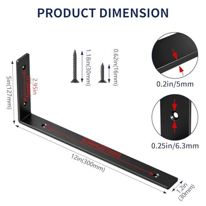 LSK 6PCS Shelf Bracket, L 12"×H 5", 5mm Thick Heavy Duty L Bracket, Black - color: Black, size: 12x5 inch (heavy duty)