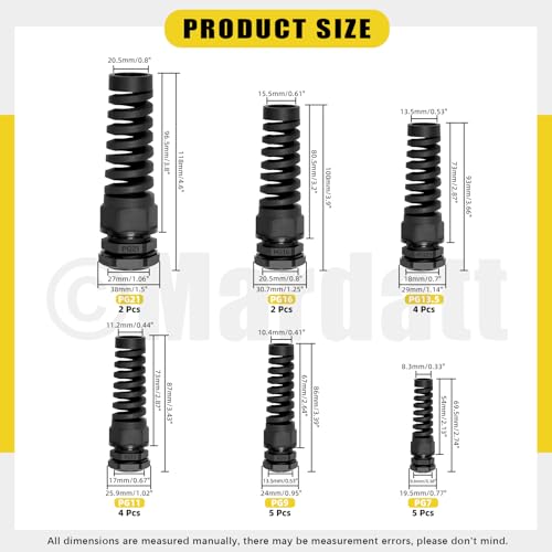 22PCS PG7 PG9 PG11 PG13.5 PG16 PG21 Black Waterproof Cable Gland, Wire Hole Flex Spiral Strain Relief Nylon Joint For Cable Fixing Wiring Repairing Gland Replacement Electrical Appliances
