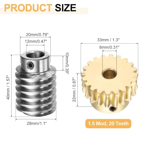 uxcell Worm Gear Set 20T 1.5 Module 20:1 Reduction Rate, Right Rotation Drive Gear Box Wheel Reduce Transmission Part (Brass Gear-8mm Bore, #45 Steel Rod 12mm Bore) - size: 8mm x 12mm