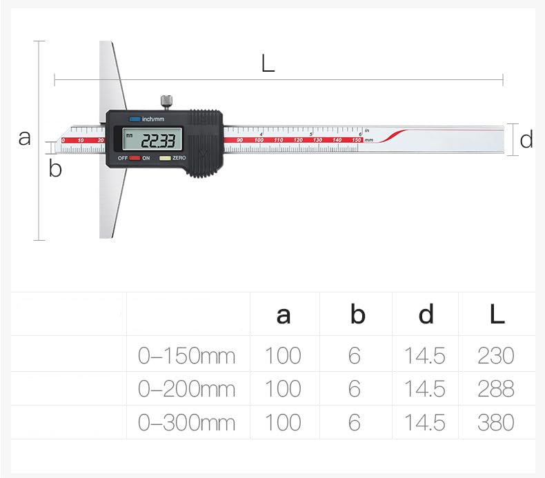 Depth Gauge Vernier Caliper,0-6"/150mm,0-8"/200mm,0-12"/300mm (Digital 0-300mm) - size: digital 0-300mm