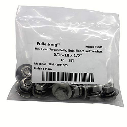 Fullerkreg 5/16-18x1-1/2 Stainless Steel Hex Head Screws Bolts Kit - size: (10 Sets) 5/16x1-1/2"